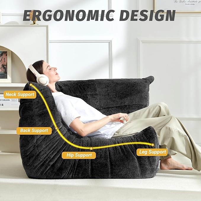 Homguava Bean Bag Chair, Giant Beanbag Chairs for Adults, Memory Foam Fireside Chair, Large Lazy Floor Sofa, Sofa Couch with High-Rebound Foam, Lounge Chair for Living Room, Bedroom (Black, Corner)