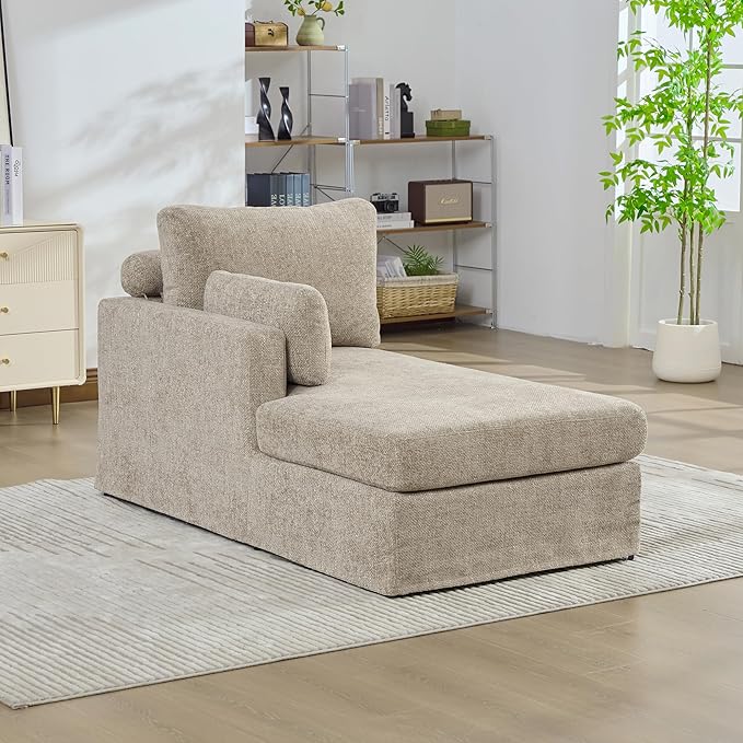 KEIKI 60" Chaise Lounge Chair Indoor, Modern Deep Seat Sofa Bed, Corduroy Couch with Cushions, Single Sleeper Chair for Living Room, Bedroom, Apartments, Taupe (Left Side)