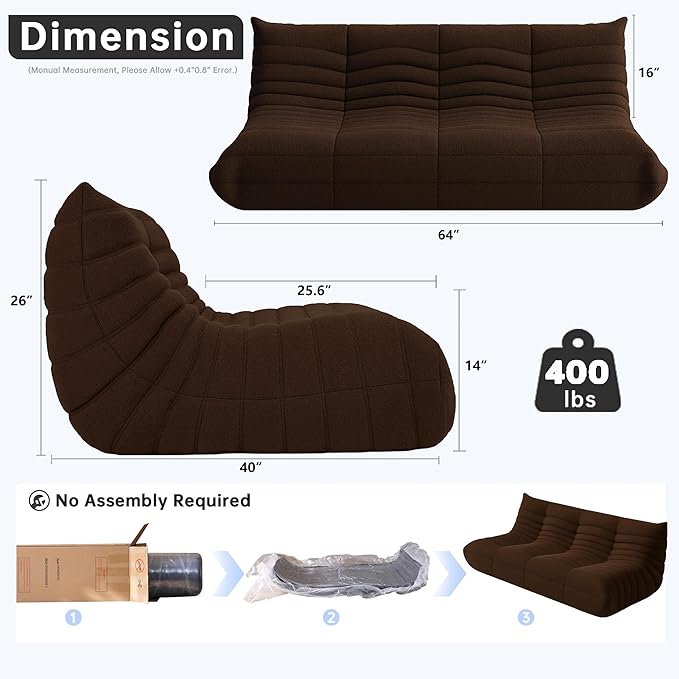 Bean Bag Chairs for Adults, BeanBag Reading Chair Memory Foam Couch 3-Seater, Floor Chair Soft Teddy Material, Comfy Reading Nook Chairs for Bedroom Living Room Office (Brown)