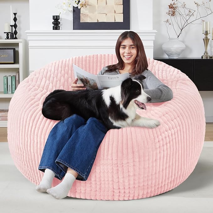 Homguava 5 FT Bean Bag Chair,5' Big Bean Bag,Giant Bean Bag Chairs for Adults with Memory Foam Filled,Comfy Large Beanbag Chairs Soft Bean Bag Sofa with Dutch Corded Plush Cover-Soft Pink