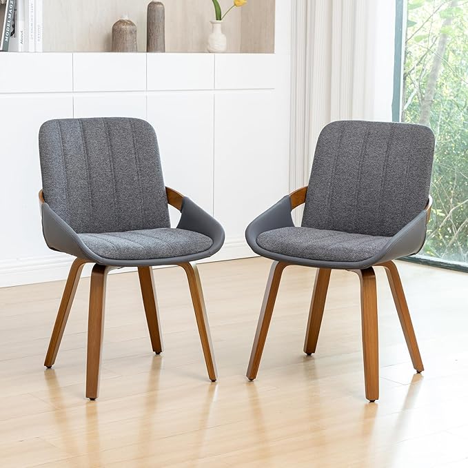YOUUGIOR Dining Room Chairs Set of 2, Mid Century Modern Gray Fabric+Faux Leather Kitchen Chairs Armless,Bamboo Legs Side Chairs No Wheels,Accent Chair for Dining Rooms