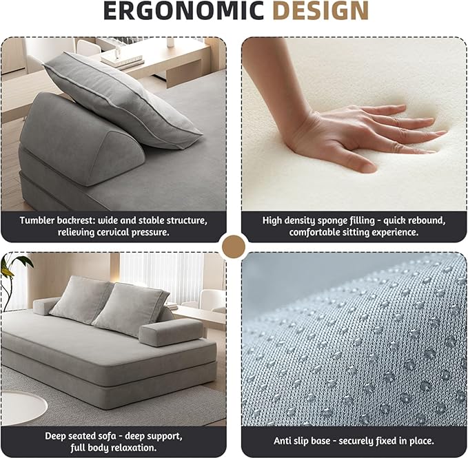 87" Foldable Floor Couch, 3-Seat Convertible Sleeper Sofa with Removable Backrests and 2 Soft Pillows, Chenille Fabric, for Living Room, Bedroom, Apartment, No Assembly Required, Light Grey