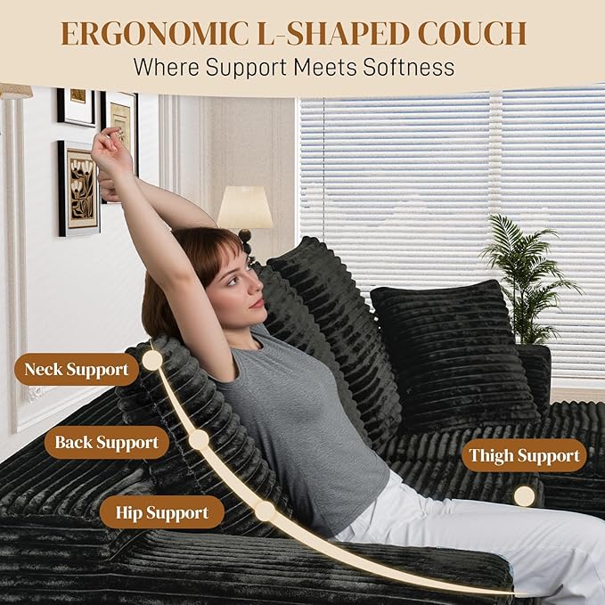 108" Boneless Cloud Sectional Couches for Living Room, Comfy Fluffy L Shaped Memory Foam Deep Seat Boneless Couch, Modular Sectional Sofa with Right Facing Chaise, Black