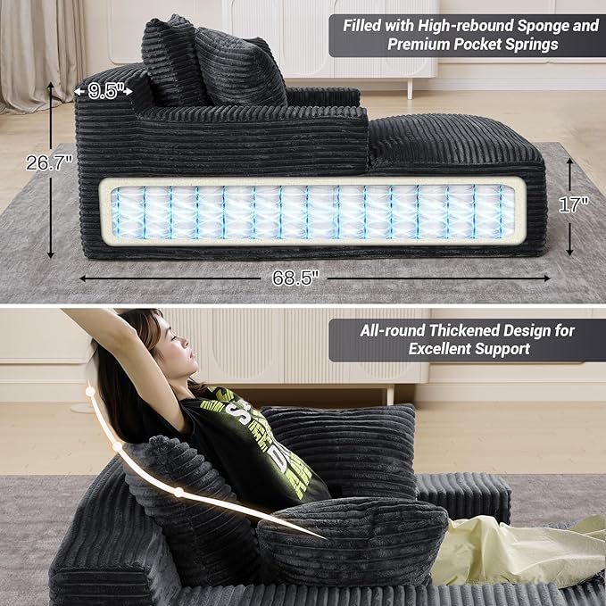 50"W x 68"D Oversized Chaise Lounge Chair Indoor Boneless Reading Chair Plush Corduroy Recliner Large Deep Seat Upholstered Sleeper Comfy Sofa Couch with 3 Pillows for Living Room Bedroom, Dark Gray