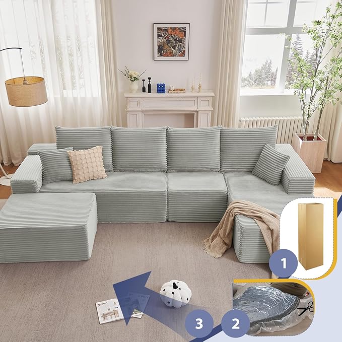 135.4" Cloud Sectional Couch with Ottoman,Modern U-Shaped Cloud Couch with Deep Seat,Comfy Corduroy 4-Seater Sofa,Memory Foam Sofa for Living Room,No Assembly (Gray,Right-Facing Chaise)