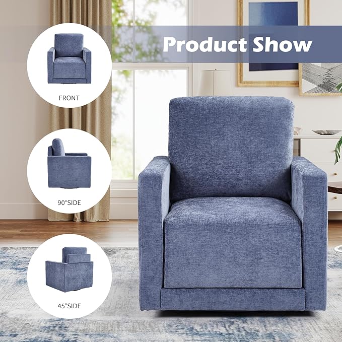 INZOY Swivel Accent Chair with Hidden Storage, Comfy 360° Swivel Chair, Upholstered Chenille Square Chair for Living Room Bedroom Small Spaces, Fully Assembled, Blue