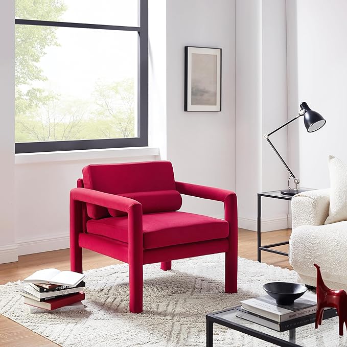 Art Leon Modern Accent Chair, Velvet Upholstered Arm Chair with Pillow, Single Sofa Chair for Living Room Bedroom, Red