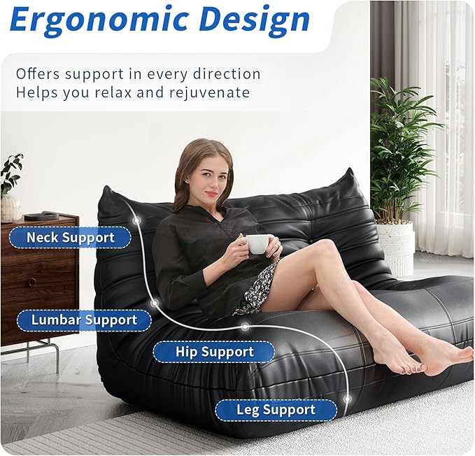 Fireside Corner Bean Bag Chairs for Adults,Comfy Lazy Floor Sofa Couch, Soft Lounge Foam-Filled Single Chair for Living Room Bedroom Office,Black