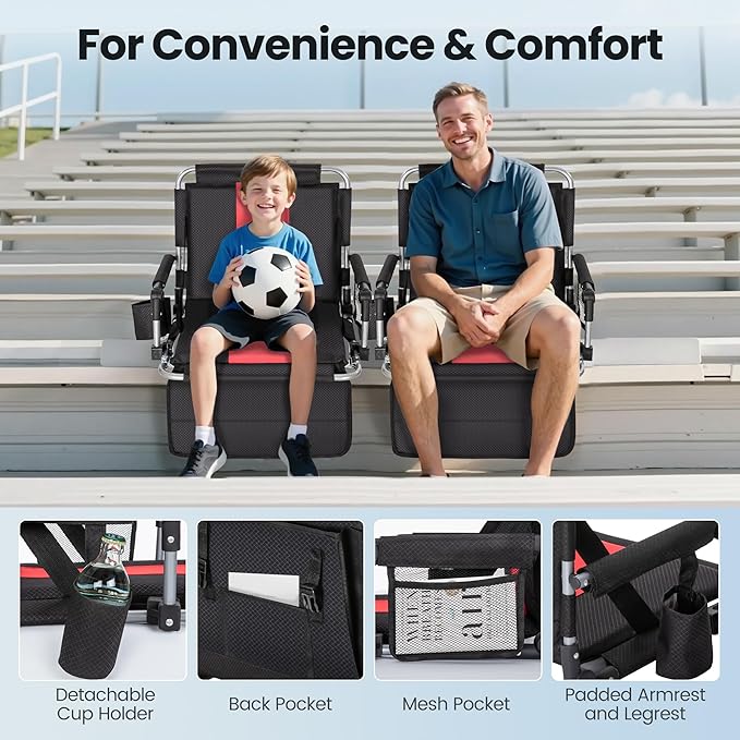 HIGH POINT SPORTS Foldable Stadium Seat Portable Folding Stadium Chairs Padded Bleacher Seat Cushion Bleacher Chair with Armrest and Cup Holder