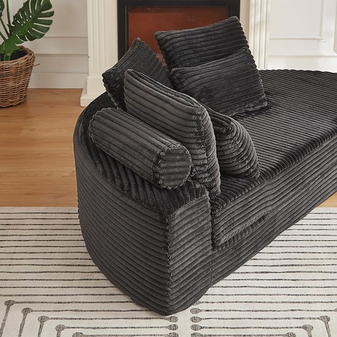 Antetek Chaise Lounge Chair Indoor, Convertible Folding Futon Sofa Bed w/ 5 Pillows, Fluffy Corduroy Boneless Compressed Memory Foam Couch for Living Room, Bedroom (Black, Right Half)