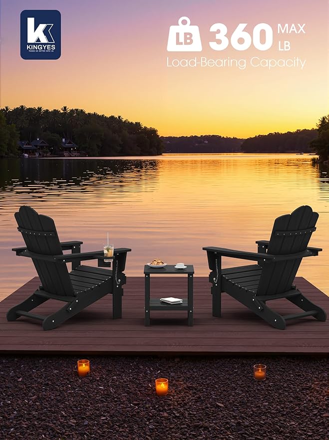 KINGYES Folding Adirondack Chair Set of 6, HDPE All-Weather Patio Chairs with Cup Holder, Wooden Textured Fire Pit Chairs for Poolside, Backyard, Deck, Black