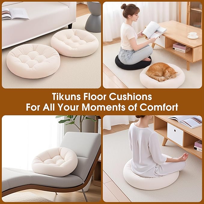 Tikuns 4Pcs Floor Pillows for Adults, Meditation Cushions, Large Round Sitting Cushion Living Room Memory Foam Pillow for Sitting(4, Beige, 22x22x6 Inch)