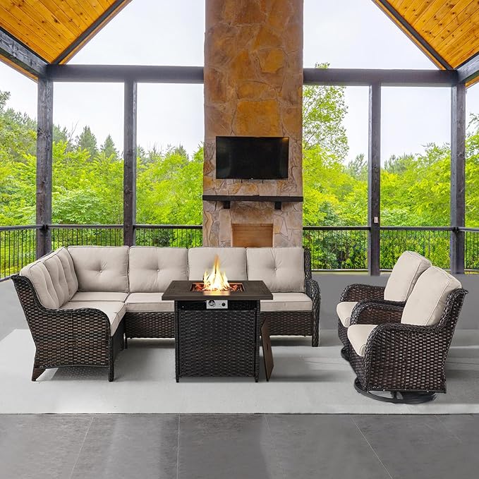 Belord Outdoor Sectional Sofa Furniture Set with Propane Fire Pit Table, Wicker Patio Conversation Set with 2 Swivel Glider Rocker Chairs Beige Cushion Perfect for Backyard Casual Gathering