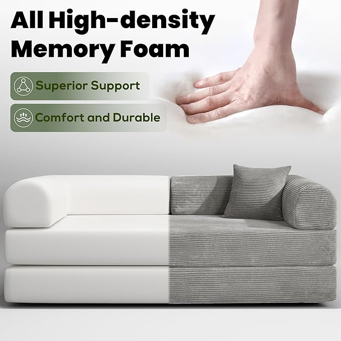 79" Convertible Sofa Bed, Boneless Corduroy Sleeper Foldable Modular Couch, Memory Foam Compressed Sofa in A Box, Folding Mattress Floor Couch for Small Space Living Room Apartment Bedroom, Light Gray