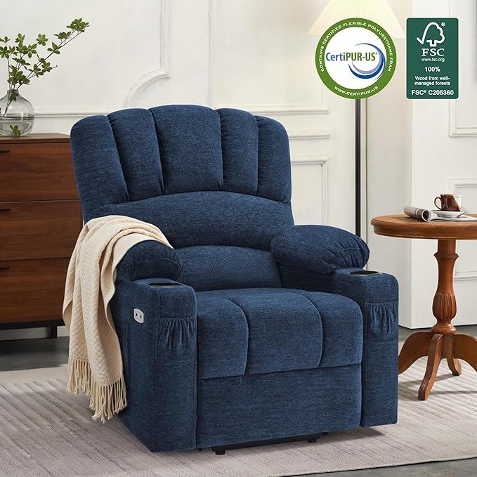 MCombo Power Lift Recliner Chair for Elderly, Lift Chair with Heat and Massage, USB &Type C Ports, Cup Holders, Fabric 7095 (Medium, Navy Blue)