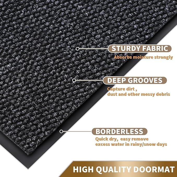 Yimobra Doormat Outdoor Indoor Entrance 47 x 24, All-Season All-Weather Front Door Mat, 100% Waterproof Welcome Matt for Floor Garage Outside Entry, Stain and Fade Resistant,Black Grey