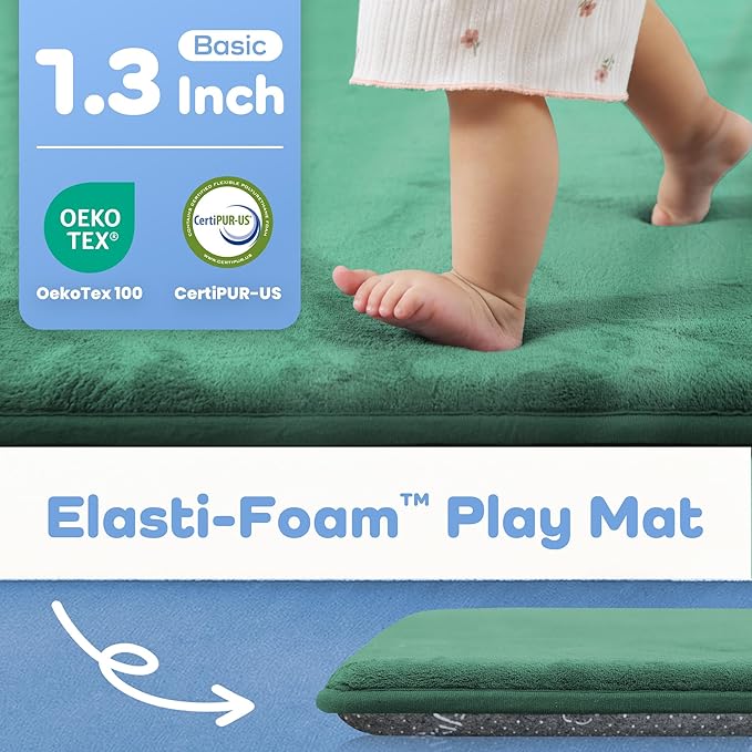 PAPAMAT 1.3" Thick Baby Floor Play Mat 50x50, Basic Padded Foam Mat for Tummy Time Crawling, Non Slip Cushioned for Babies Toddlers Infants Kids (Dark Green)