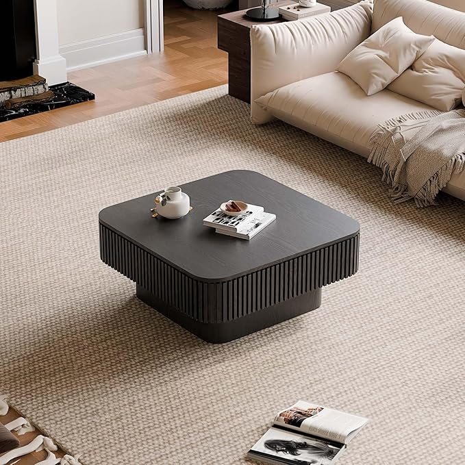 FGXJY Square Small Coffee Table with Storage, Modern Wooden Coffee Table with Solid Wood Veneered, Fluted Center Table Drum Tea Table for Living Room Apartment, 31.5''L×31.5''W×14''H
