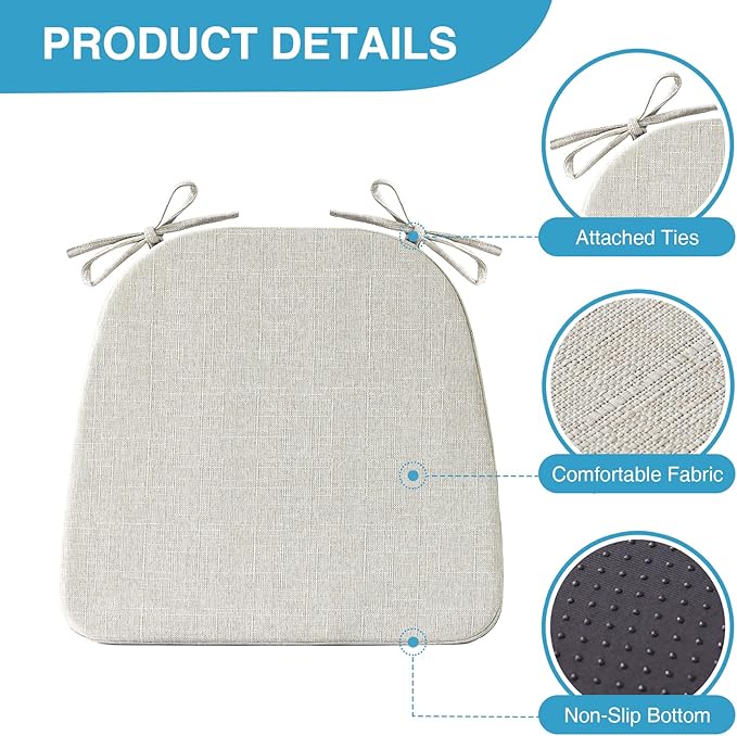 Chair Cushions for Dining Chairs Set of 6, Non Slip Kitchen Chair Pads, 17" x 16" x 2", Indoor Dining Chair Cushions with Ties, D-Shaped Seat Cushions for Kitchen Chairs, Beige