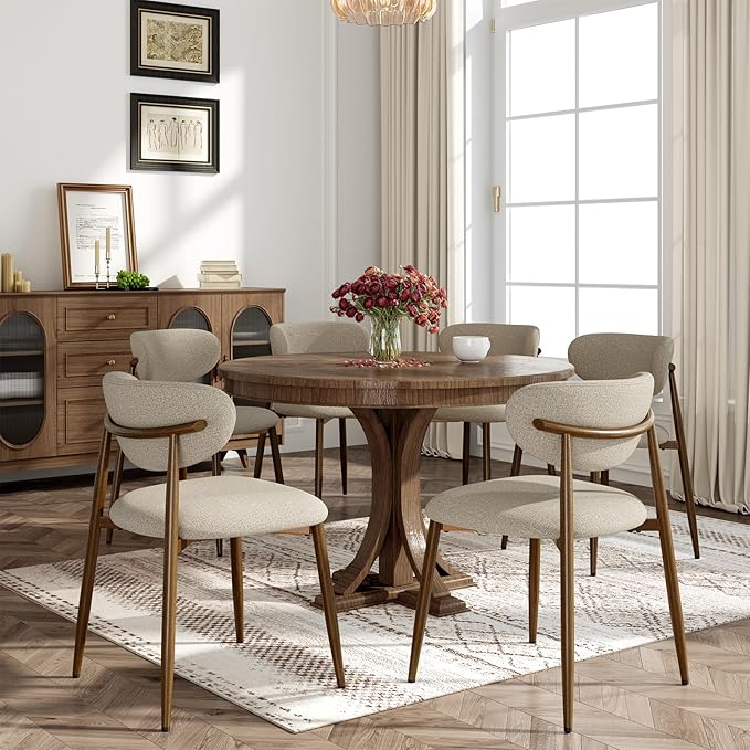 Dining Chairs Set of 6, Curved Back Kitchen Room Chairs with Metal Legs and Anti Slip Pads, Upholstered Dining Chair for Home and Restaurant, Camel