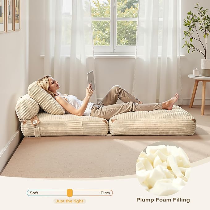 75''Foldable Sofa Bed,Beige Convertible Folding Sleeper Chair Bed,Foldable Single Sofa Foam Filling Couch with Pillow, Comfy Corduroy Lazy Floor Sofa for Small Room Living Room Bedroom Apartment