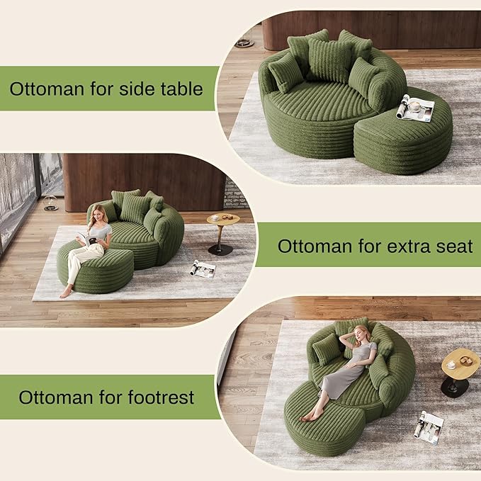Oversized Chaise Lounge Chair Indoor with Ottoman 50.5" W x 67.0" D Round Soft Corduroy Comfy Oversized Reading Chair with 5 Pillows for Living, Reading Room - Olive Green