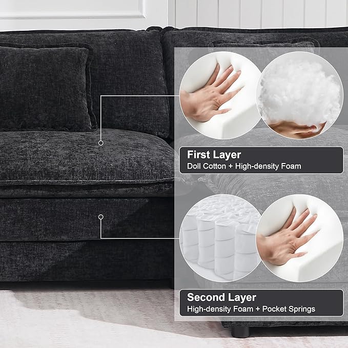 KIVENJAJA 111.5”W Chenille L-Shaped Modular Sectional Sofa, Modern 3-Seater Comfy Deep Seat Cloud Couch with Ottoman/Chaise & 5 Pillows for Living Room Office Apartment, Black