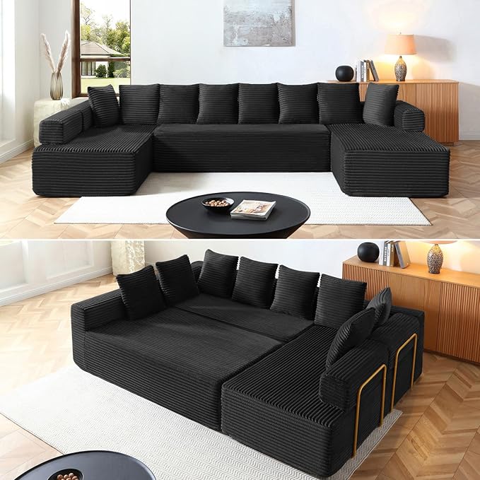 145" Oversized Cloud Boneless Sectional Sofa with Chaise, Corduroy U Shaped Modular Couch with Deep Seat, Fixed Frame Comfy Corner Sofa, No Assembly Required (Black)