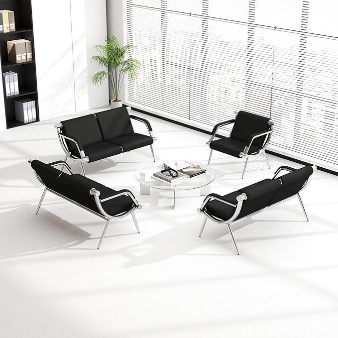 Kinfant Waiting Room Chair- Office Reception Furniture with Armrest and PU Leather Cushion, Office Guest Chair for Waiting Room Airport Hospital Bank Lobby, Black（7 Seat）