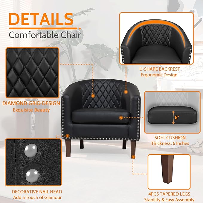 PrimeZone Barrel Chair, Comfy Accent Chair, Faux Leather Living Room Chairs Club Chairs with Cushion, Nailhead Trim and Diamond Mesh Backrest, Reading Chairs for Bedroom Waiting Room, 4PCS, Black