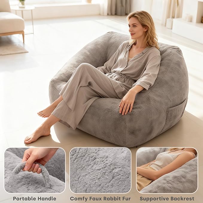 COSIEST Bean Bag Chair, Big Comfy Couch with Side Pocket, Furry Beanbag Chair with Foam Filler for Adults & Kids, Stuffed Accent Sofa for Reading, Lounge Floor Sofa for Living Room, Bedroom, Grey