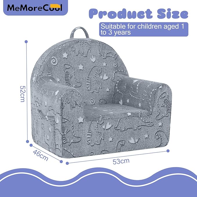 MeMoreCool Comfy Toddler Chair for 1-3 Years Old, Glow Dinosaur Kids Reading Chair, Soft Plush Toddler Armchair, Cozy Foam Lounge Kids Armchair for Baby Room, Living Room, Playroom, Reading Nook