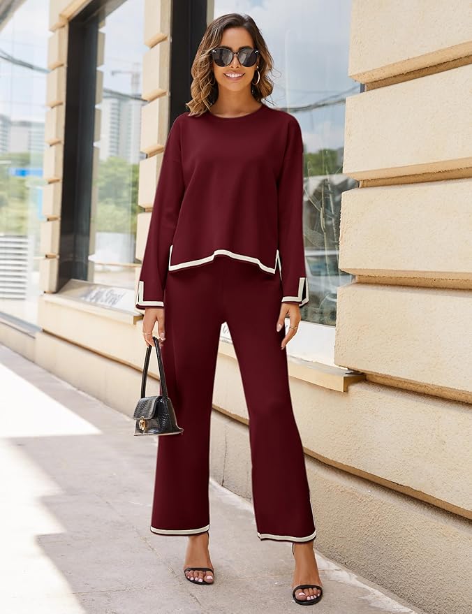 Tanming Women's 2 Piece Outfits Long Sleeve Knit Sweater Top Wide Leg Pants Lounge Sets Tracksuits