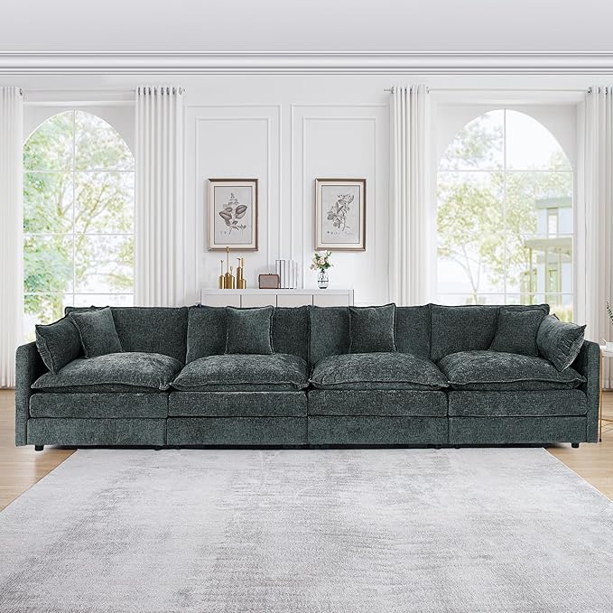 Aoowow Modular Sectional Sofa,147.2 Inch Deep 4-Seater Sofas Comfy Chenille Cloud Sofas and Couches with Pillows for Living Room Apartment（Grey）