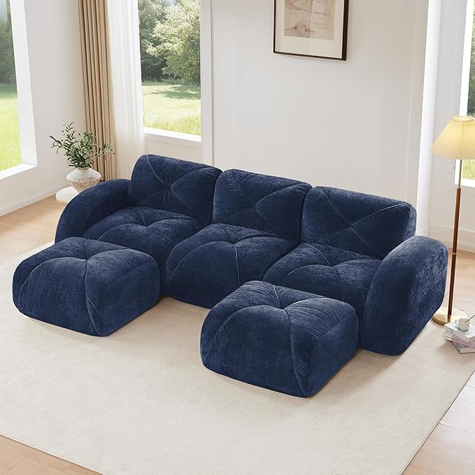 Modular Sectional Sofa with Free Combination,Boneless Floor Couch for Living Room & Lounge,Velvet 3-Seater Sectional Couch with 2 Ottomans,No Assembly Needed