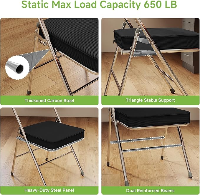 Real Relax Folding Chairs with Padded Thick Seat, Durable Corduroy Fabric, Portable Stackable Commercial Folding Office Chair with Steel Frame for Events Office Wedding Party,650LB,2 Pack,Black