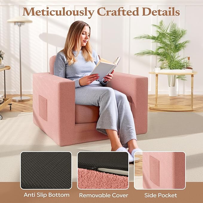 Bean Bag Chair, Large Beanbag Chair for Adults, Comfy Foam Floor Sofa with Pillows and Armrests, Plush Chair Bean Bag Couch for Bedroom Living Room, (Teddy Boucle Fabric, Pink)