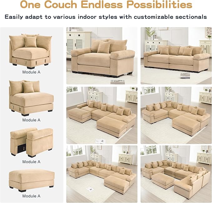 KEIKI 146" U-Shaped Oversized Corduroy Modular Cloud Sectional Sofa with 1 Ottoman, High-Density Foam Cushion, Extra-Thick Armrest, 5-Seater Fluffy Corner Couch with 18 Pillow, for Living Room, Camel
