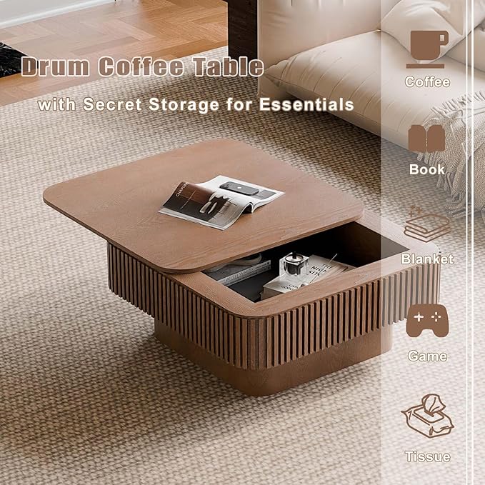 FGXJY Square Small Coffee Table with Storage, Modern Wooden Coffee Table with Solid Wood Veneered, Fluted Center Table Drum Tea Table for Living Room Apartment, 31.5''L×31.5''W×14''H