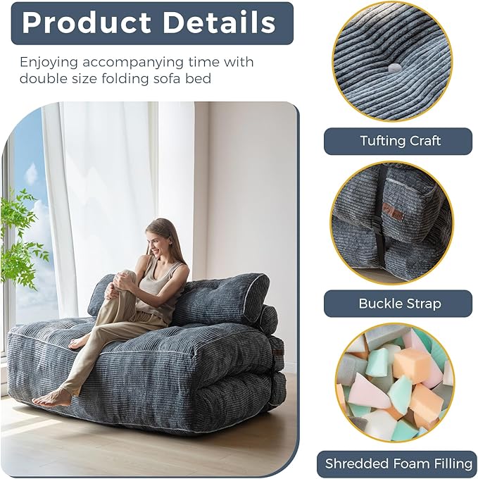MAXYOYO Folding Sofa Bed, Convertible Sleeper Chair with Pilow Foldable Matress with Back Support, Portable Fold Out Chair Bed Comfy Floor Sofa Lounge for Living Room Bedroom, Dark Grey, Double
