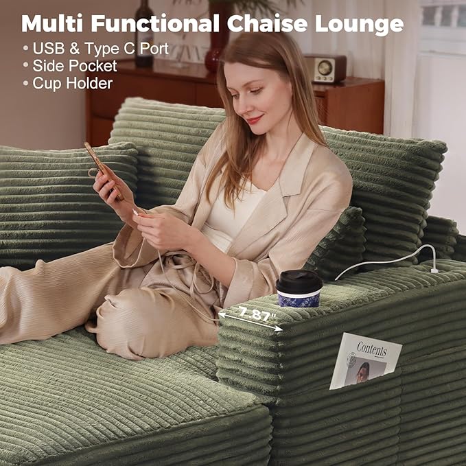 HUSFU Chaise Lounge Chair Indoor, 60'' Oversized Sleeper Sofa, Chaise Lounge Reading Chairs for w/Cup Holder and USB&Type C Port, Fluffy Plush Faux Fur Cloud Sofas Couches for Living Room, Green