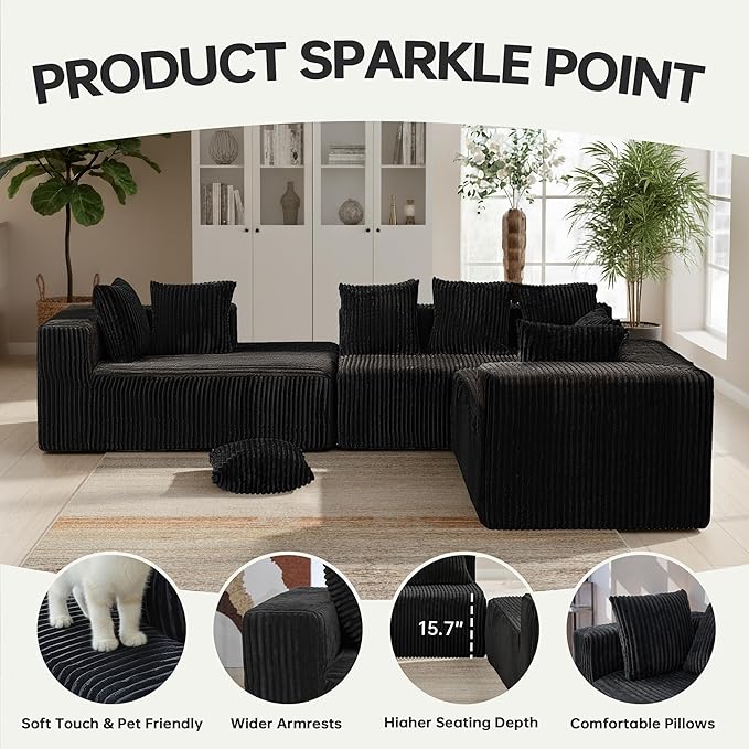 130" Boneless Couch, Cloud Couch Sectional, Corduroy Sofa for Living Room, U Shaped Modular Sofa with Chaise, No Assembly, 4 Seats Oversized (Black)