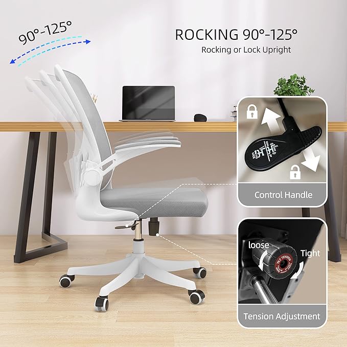 Monhey Office Chair Ergonomic Desk Chair with Lumbar Support&Headrest&Flip-up Arms Height Adjustable Rocking Swivel Computer Chair Multi-Angle from 90° to 125° with 350LBS Capacity (01White+Gray)