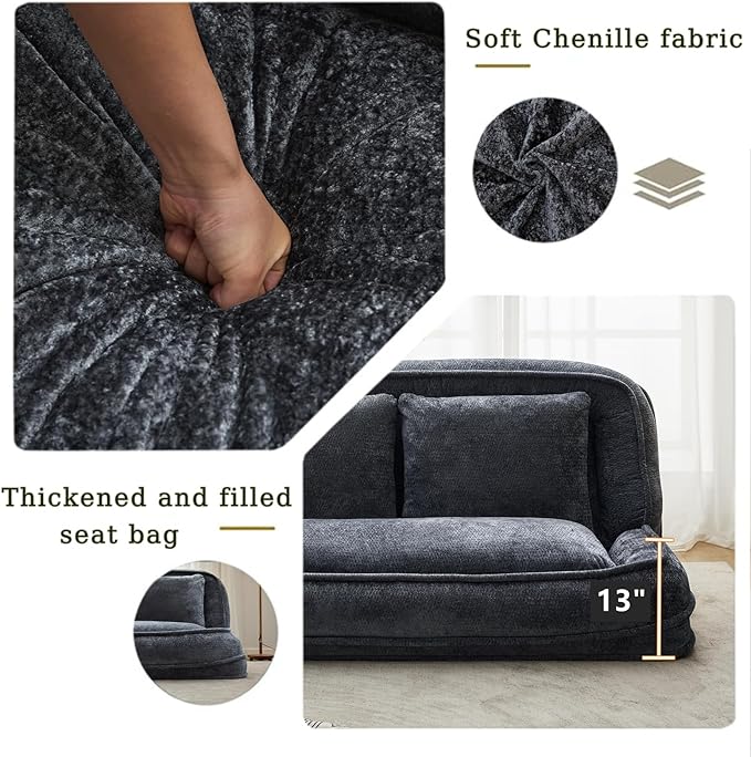 Foldable Lazy Sofa Bed, Chenille Upholstered Human Dog Bed for Adults, 2 in 1 Convertible Floor Sofa with 5 Adjustable Backrest Positions and Soft Cushions for Living Room (Dark Gray)