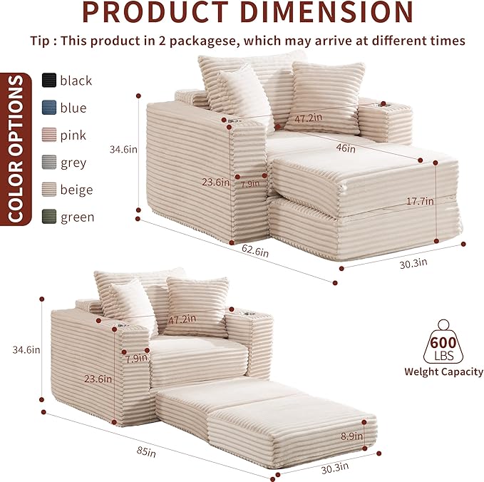 Boneless Chaise Lounge Chair Indoor, All-Foam Convertible Lounge Chair with No Frame, Wide Reclining Floor Lounger for Reading, Napping & Relaxation, No Assembly Needed (Beige)