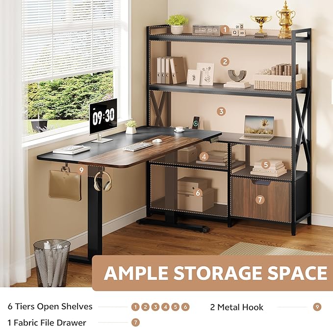 77.8 Inches L Shaped Standing Desk Corner Desk with Hutch Electric Height Adjustable Desk with Storage Shelves File Drawer Power Outlets Reversible Computer Gaming Desk for Home Office Black