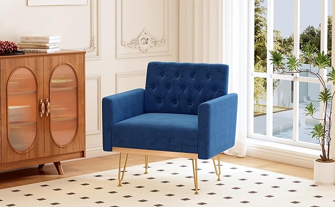 Accent Chair for Living Room, Comfy Oversized Velvet Upholstered Arm Chairs, Mid Century Modern Reading Single Sofa Side Chair with Tufted Back and Gold Legs for Bedroom (1, Navy)