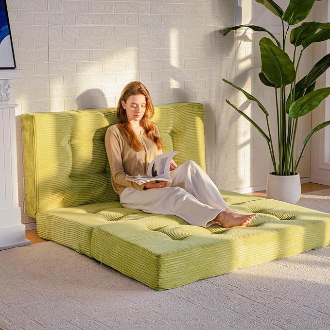 MAXYOYO Tri-Fold Mattress, 6 Inch Tufted Folding Futon Foam Bed, Foldable Floor Mattress Guest Bed Futon Topper Portable Camping Sleeping with Corded Fabric, Green, 59"x79"