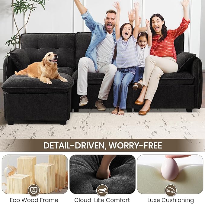 PALLOME 96" Modular L-Shaped Sofa - 3-Seat Cloud Couch with Movable Ottoman, Extra Deep Seat Sofa Couch with Throw Pillows for Living Room & Small Spaces (Black, 3-Seat + Ottoman)