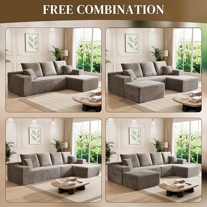 HYJT H&K Modular Sectional Sofa Cloud Couch, 107" Comfy L Shaped Sectional Couches for Living Room, Deep Seat Memory Foam Plush Fluffy Corduroy Boneless Couch Sectionals Right Facing Sofa Chaise Camel